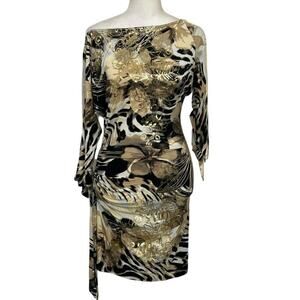 Cache Y2K Animal Print Ruched Bodycon Dress Gold Metallic XS Glam Mob Wife